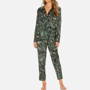 Revolve Plush Apparel Silky Pajama Set Top Pants Jungle Print Emerald Green XS